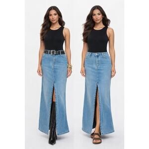 Wrangler STAUD Denim Maxi Skirt Size 29 NWOT Front Slit Sold Out two slits